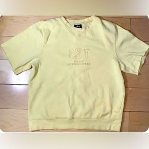 Stussy Womens Short Sleeve Sz S Yellow Embroidered Logo Pullover Fleece Sweater